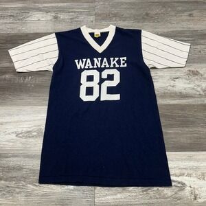 Vintage Velva Sheen Wanake 82 Blue Men M V-Neck Ringer 70s‎ 80s Number T-Shirt